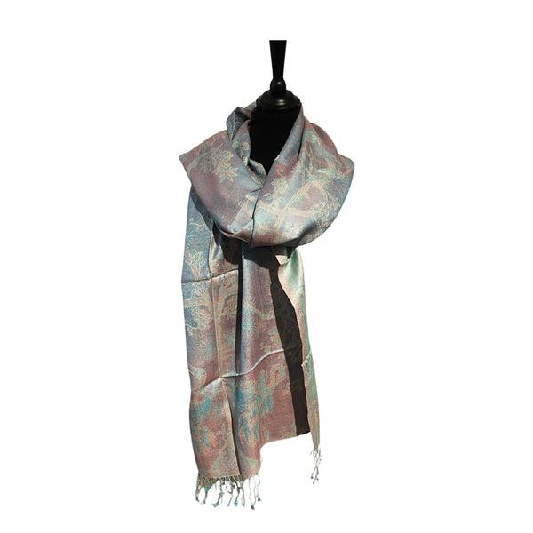 Handwoven Pashmina in Cashmere and Silk, reversible design in pale blue and silver