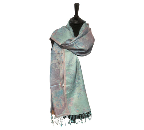 Handwoven Pashmina in Cashmere and Silk, reversible design in pale blue and silver