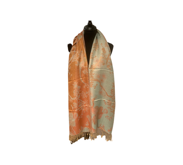 cashmere-silk-handwoven-pashmina, reversible in golden ochre and pale green