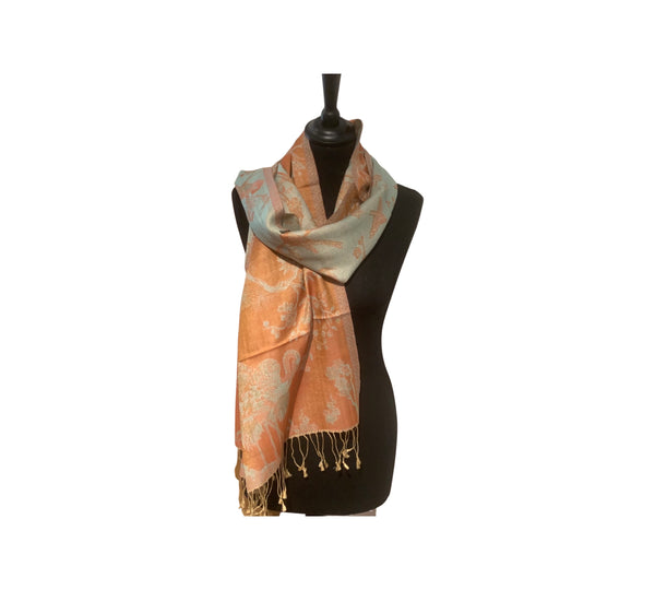 cashmere-silk-handwoven-pashmina, reversible in golden ochre and pale green