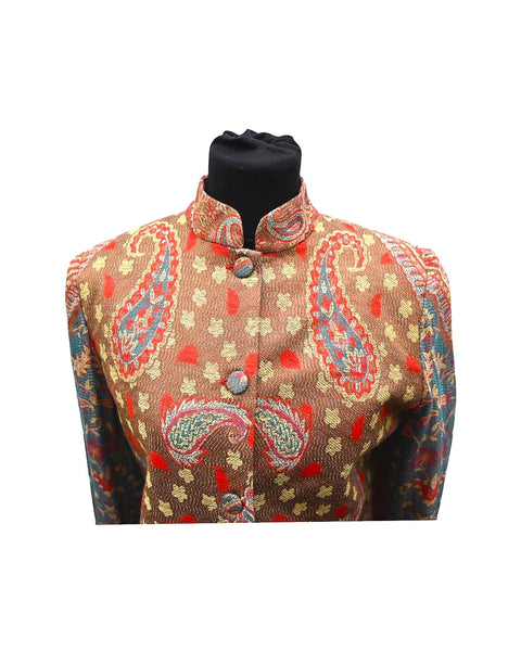 Paisley-dapple cashmere-silk jacket in browns, pinks and turquoise, nehru collar, handwoven, fully lined, front collar detail