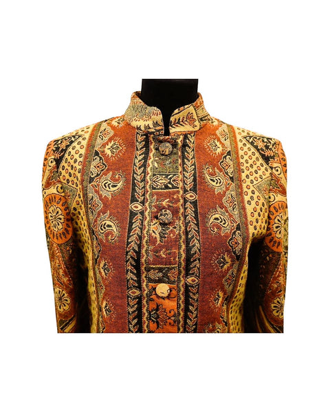 "Electra" Longline Nehru Jacket in Cashmere and Silk, Ochre & Rust - front Nehru collar detail