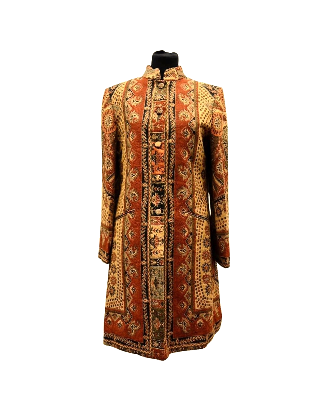 "Electra" Longline Nehru Jacket in Cashmere and Silk, Ochre & Rust - front