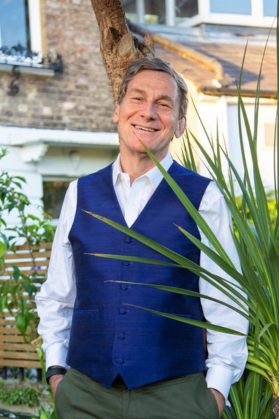 Handwoven raw silk navy waistcoat modelled by George
