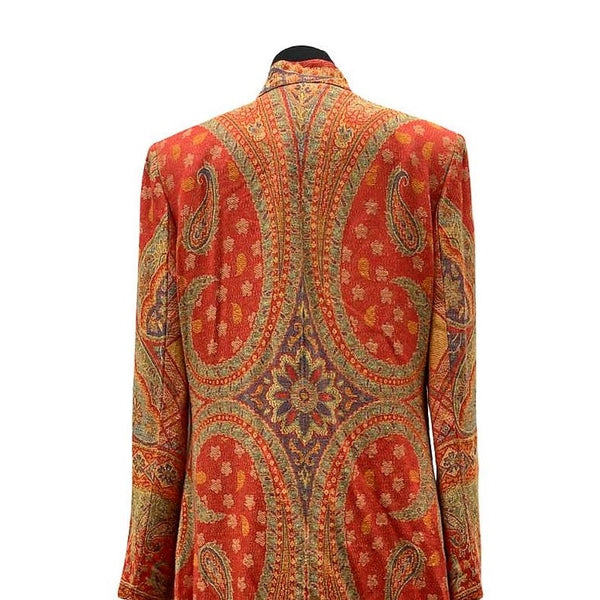 "Maharani" Longline Nehru Jacket in Cashmere and Silk - Burnt Orange Paisley - back