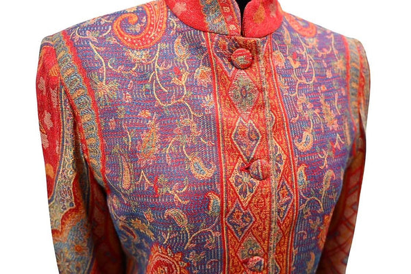 "Maharani" Longline Nehru Jacket in Cashmere and Silk - Burnt Orange Paisley, button and collar details