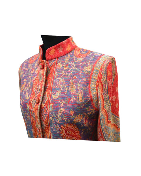 "Maharani" Longline Nehru Jacket in Cashmere and Silk - Burnt Orange Paisley