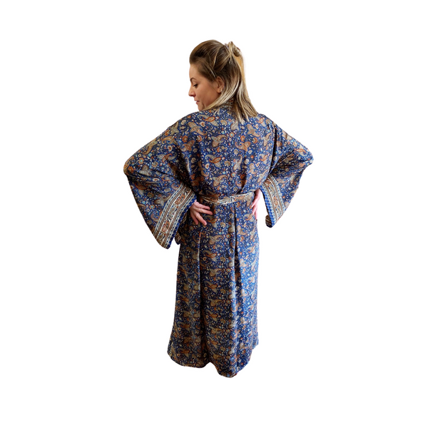 Oja Kimono in classic blue paisley pure silk - back