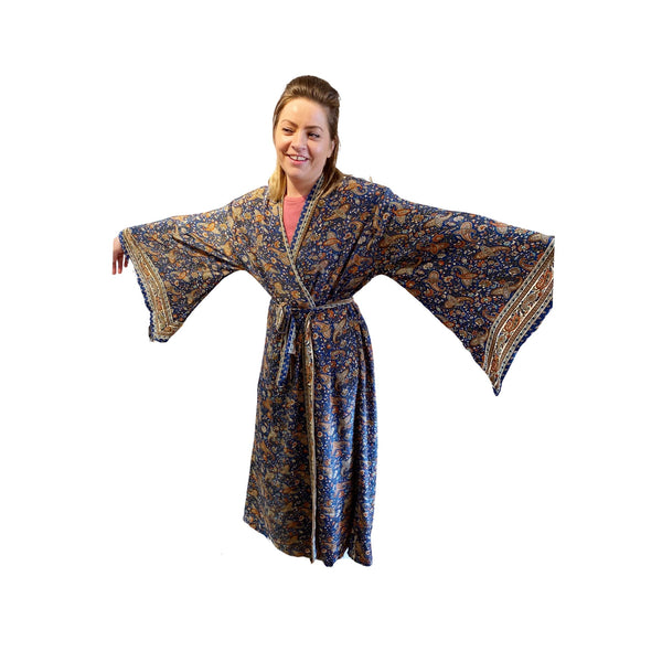 Oja Kimono in classic blue paisley pure silk - full sleeves
