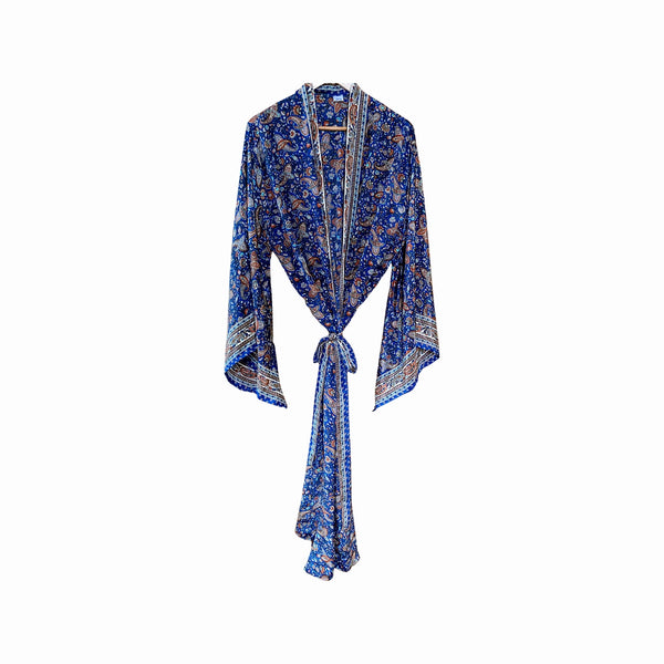 Oja Kimono in classic blue paisley pure silk