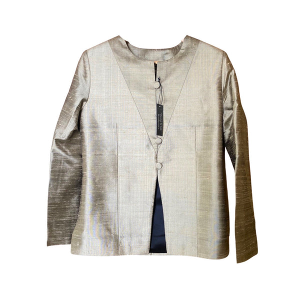 Hand woven raw silk jacket, collarless, gently fitted, ivory gold