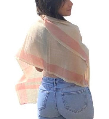 Pure Vicuña Scarf in Natural with Pale Pink Stripe, Finest Handwoven