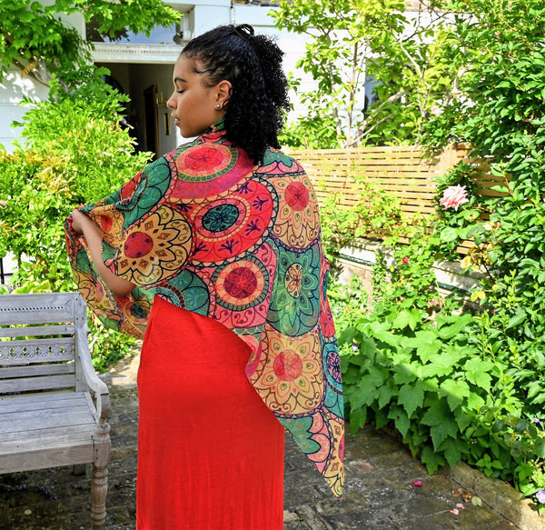 Pure vicuna scarf Kaleidoscope print, modelled by Nelly