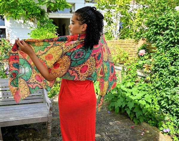 Pure vicuna scarf Kaleidoscope print, modelled by Nelly