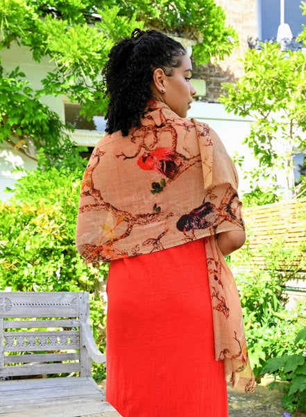 re Vicuña Scarf -  Peach blossom & Hummingbirds - Finest Handwoven, Unisex