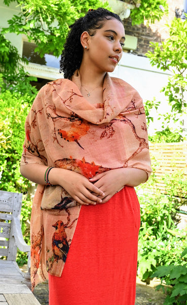 re Vicuña Scarf -  Peach blossom & Hummingbirds - Finest Handwoven, Unisex