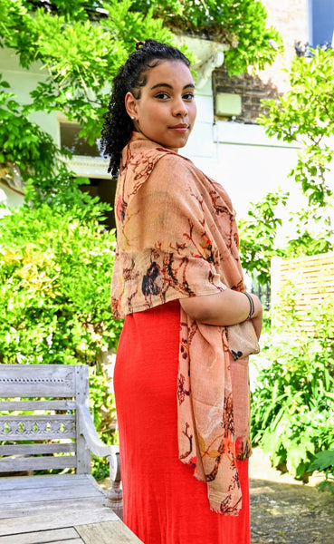 re Vicuña Scarf -  Peach blossom & Hummingbirds - Finest Handwoven, Unisex