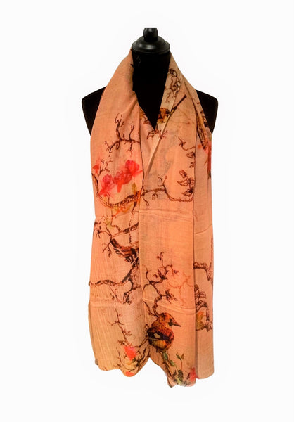 re Vicuña Scarf -  Peach blossom & Hummingbirds - Finest Handwoven, Unisex