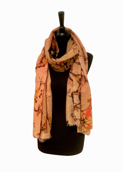 re Vicuña Scarf -  Peach blossom & Hummingbirds - Finest Handwoven, Unisex