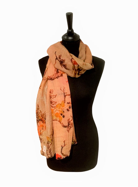 re Vicuña Scarf -  Peach blossom & Hummingbirds - Finest Handwoven, Unisex