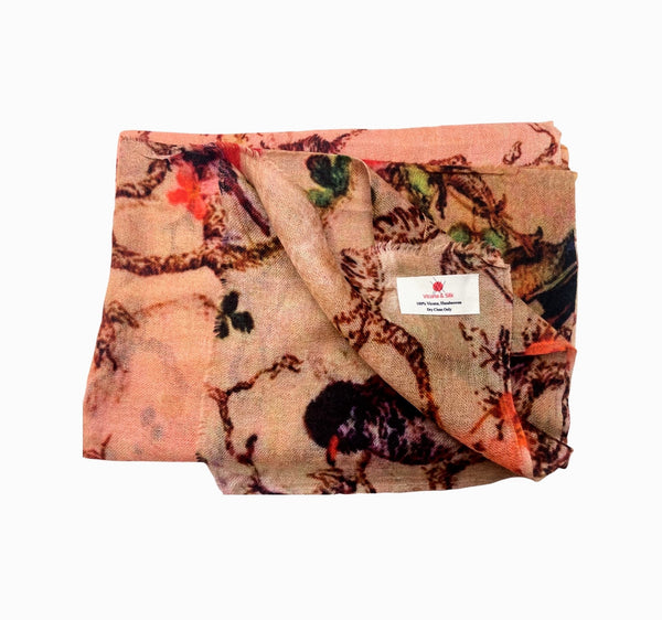 re Vicuña Scarf -  Peach blossom & Hummingbirds - Finest Handwoven, Unisex