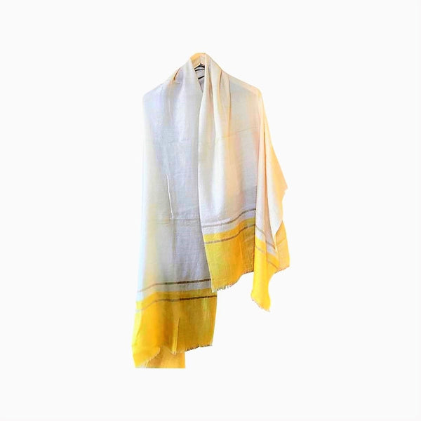 Pure vicuna scarf, natural with yeloow and grey border