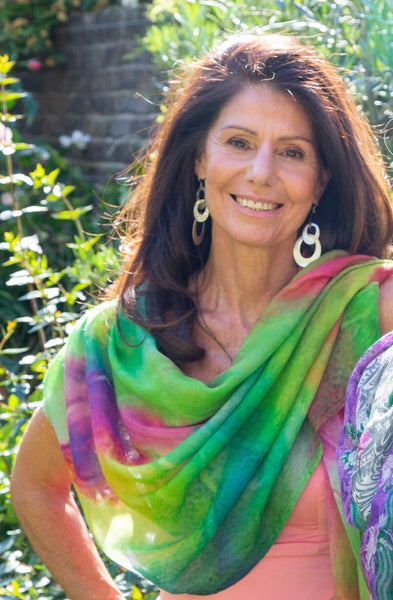 Pure Vicuna scarf pashmina, tropical splash, modelled by Stavia