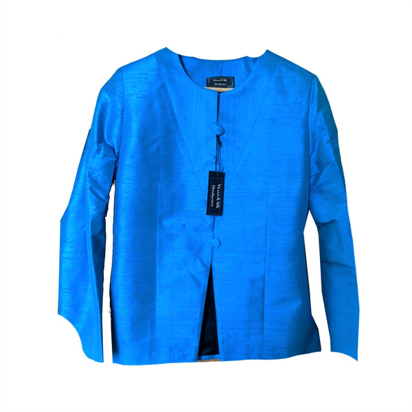 Hand woven raw silk jacket, collarless, gently fitted, royal blue