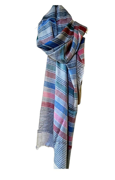 Pure Vicuña Scarf in Natural with Madras Stripes, unisex, Handwoven in Kashmirpure-vicuna-scarf-madras-stripe-unisex