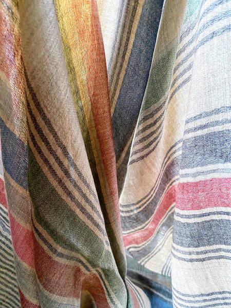 Pure Vicuña Scarf in Natural with Madras Stripes, unisex, Handwoven in Kashmir