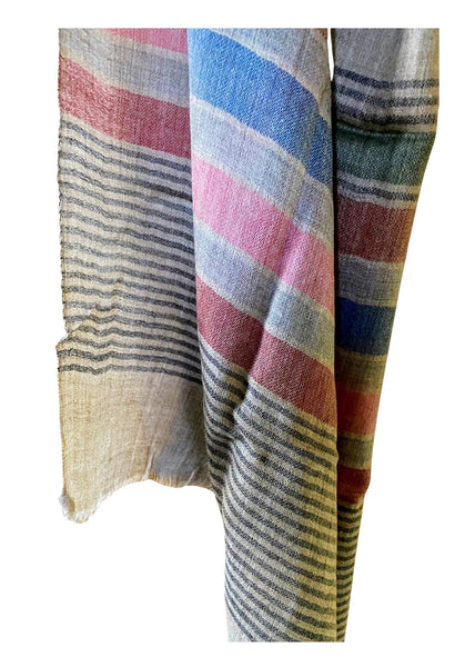 Pure Vicuña Scarf in Natural with Madras Stripes, unisex, Handwoven in Kashmir