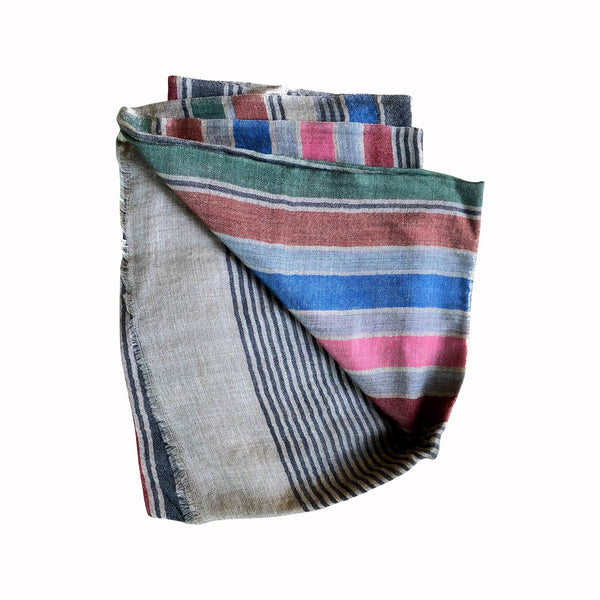 Pure Vicuña Scarf in Natural with Madras Stripes, unisex, Handwoven in Kashmir