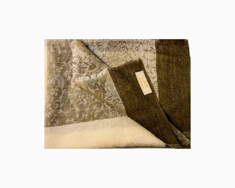 Vicuna Scarf in Natural Damask with Brown Border, Unisex, Finest Handwoven