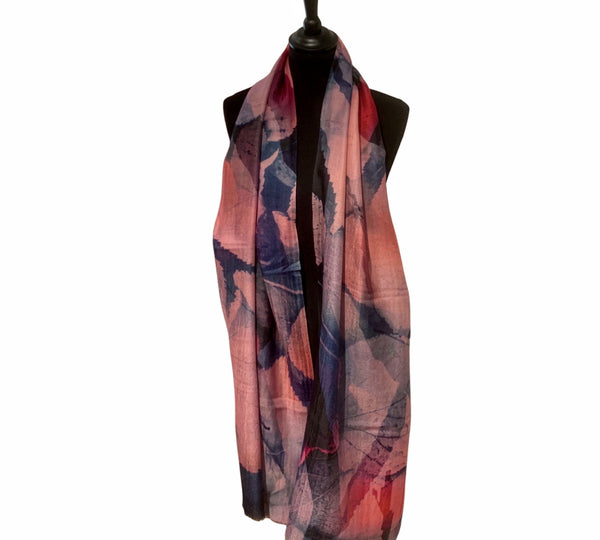 Pure Vicuña Scarf -  Pink and Blue Autumn Leaves - Finest Handwoven, Unisex
