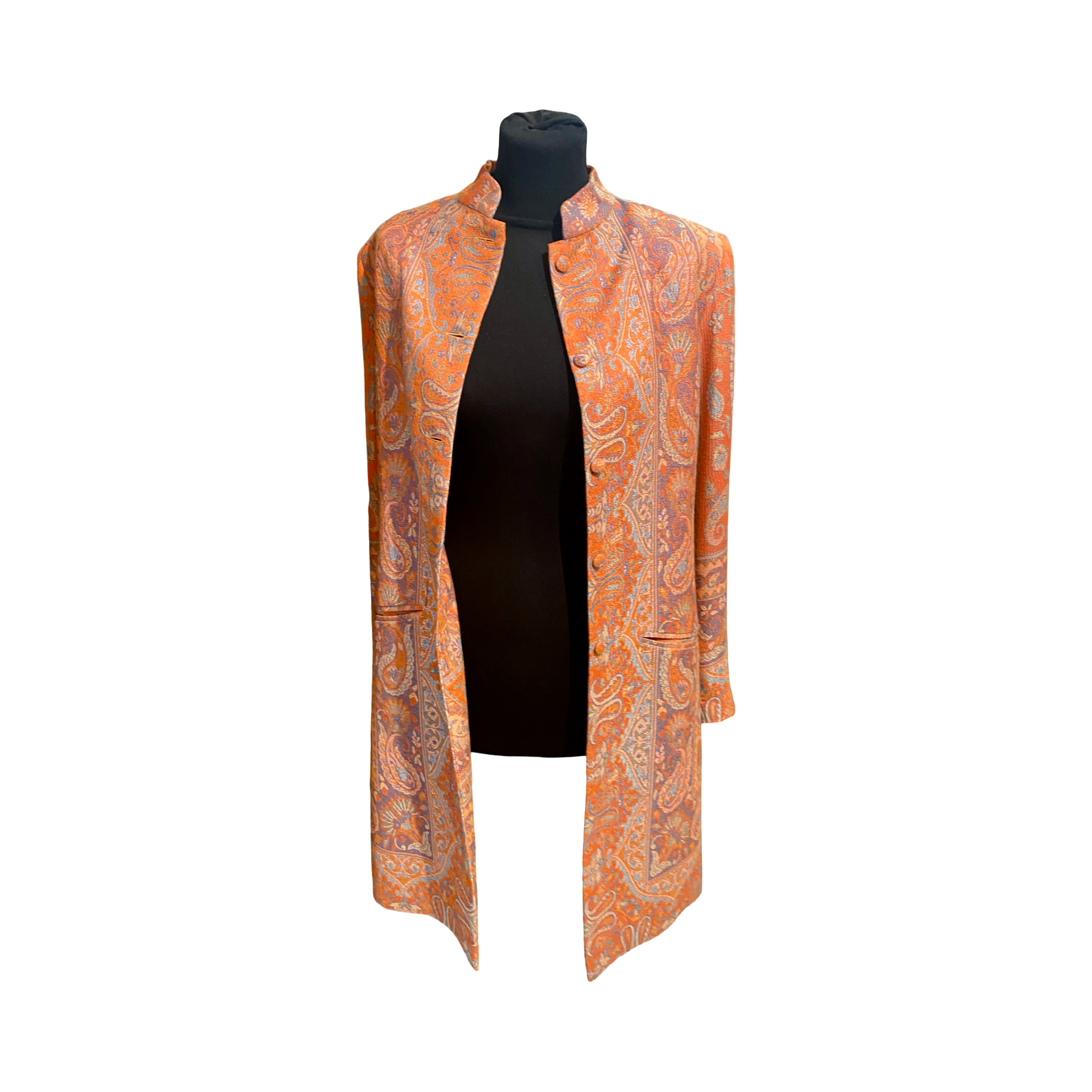 "Lyla" Longline Cashmere Nehru Jacket in Orange and violet paisley