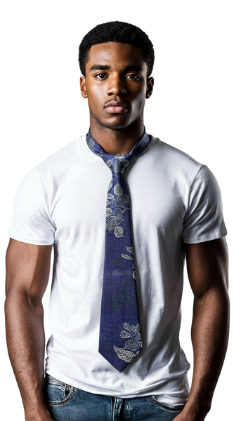 Handwoven Tie in Cashmere & Silk - 'Navy with Silver leaf'