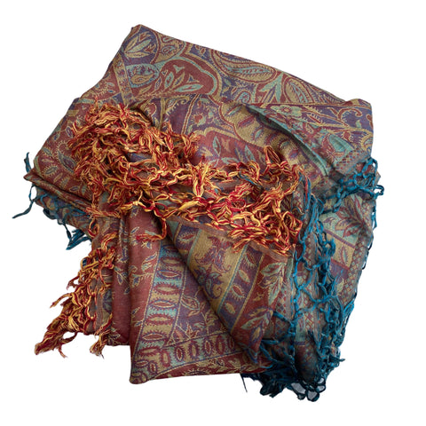 Reversible Cashmere wrap, throw or bedspread in red, turquoise and purple paisley - handwoven