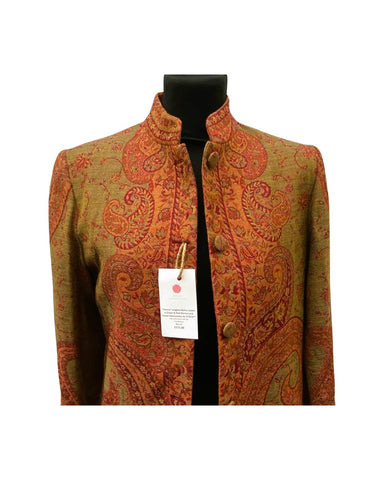 camel-merino-green-red-paisley-longline-jacket-front-open buttons details